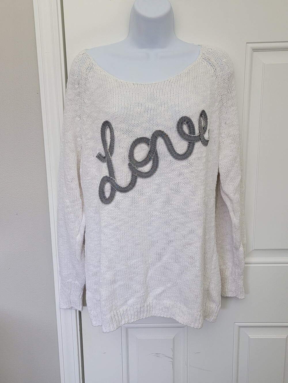 LASCANA for VENUS White Cotton Knit Pullover Sweater Love Embroidered Medium